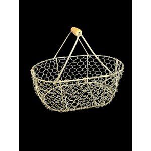 Vintage Wire Egg Basket Wooden Handle Farmhouse Primitive Rustic Metal 12” Oval